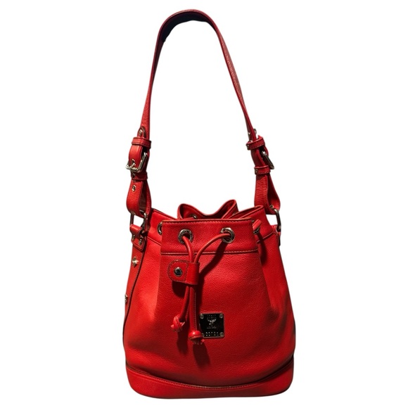 MCM Red Bucket Drawstring Bag with Adjustable Strap EUC - Picture 2 of 14